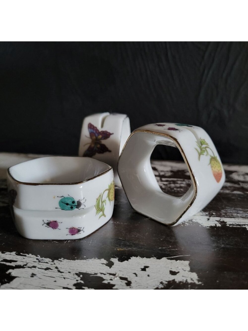 Ardalt Porcelain Napkin Ring/Place Card Holder Butterfly Ladybug Strawberry